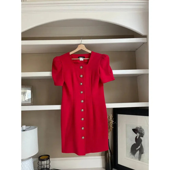 All that Jazz Vintage Red Holiday Mini Dress Gold Buttons - Size Medium - Picture 6 of 10